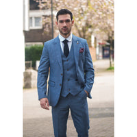 Terno masculino Earl de 3 peças, azul xadrez, sob medida.