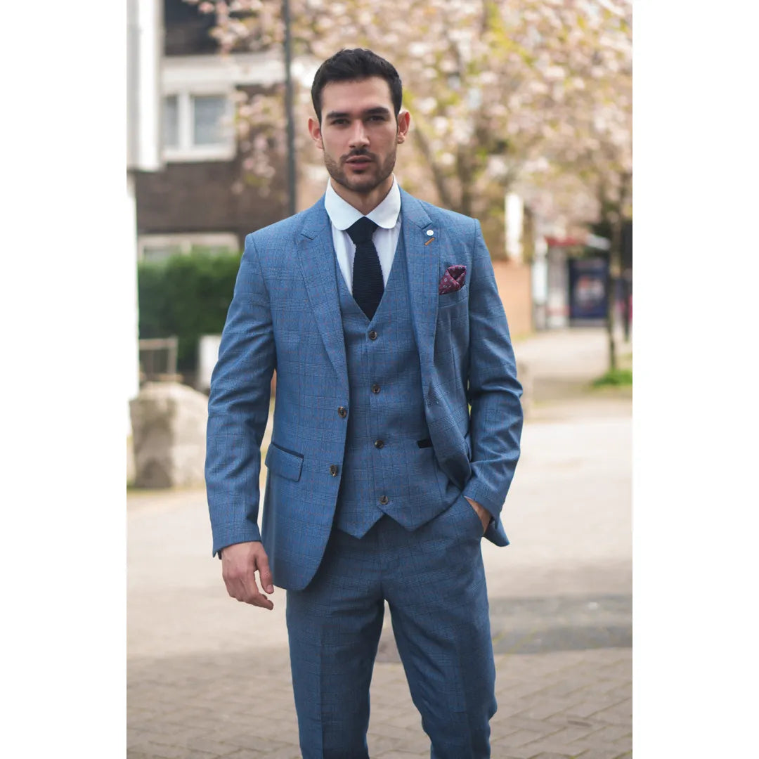 Terno masculino Earl de 3 peças, azul xadrez, sob medida.