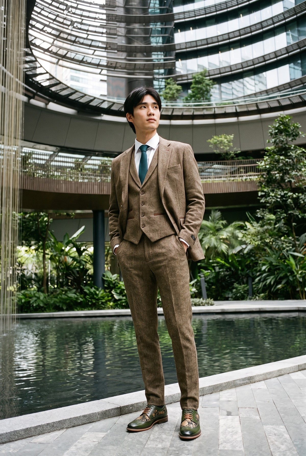 Look #939 styled with Terno de 3 peças em tweed espinha de peixe marrom-carvalho