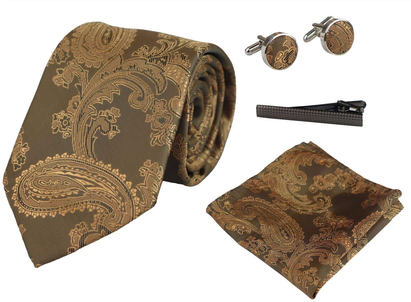 Conjunto de presente com gravata Paisley em bronze, lenço de bolso, abotoaduras e gravata floral em cetim.