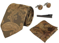 Conjunto de presente com gravata Paisley em bronze, lenço de bolso, abotoaduras e gravata floral em cetim.