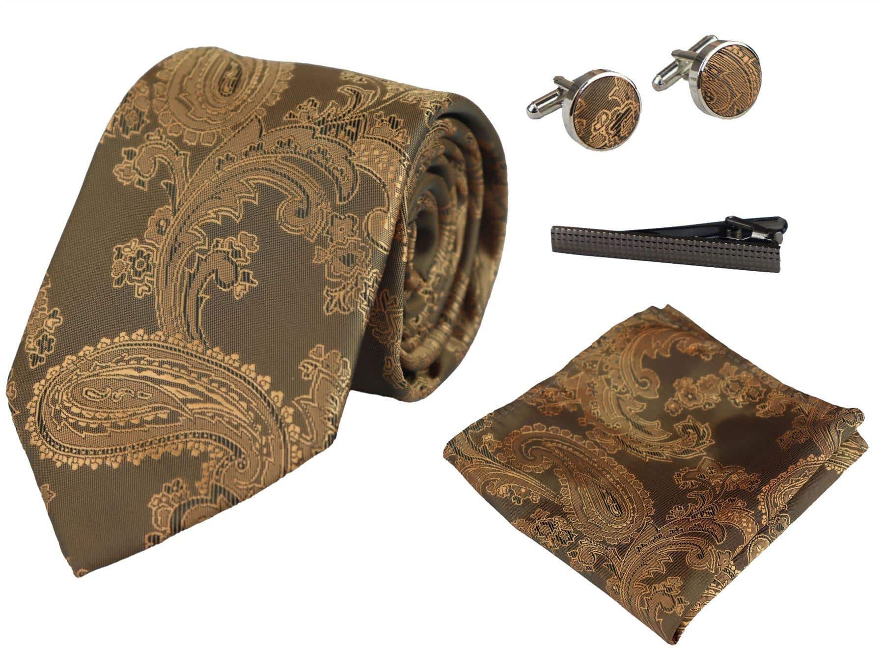 Conjunto de presente com gravata Paisley em bronze, lenço de bolso, abotoaduras e gravata floral em cetim.