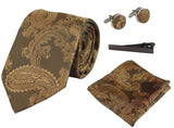 Conjunto de presente com gravata Paisley em bronze, lenço de bolso, abotoaduras e gravata floral em cetim.