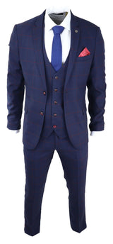 Terno masculino xadrez azul marinho de 3 peças vermelho Edinson Marc Darcy clássico vintage para casamento