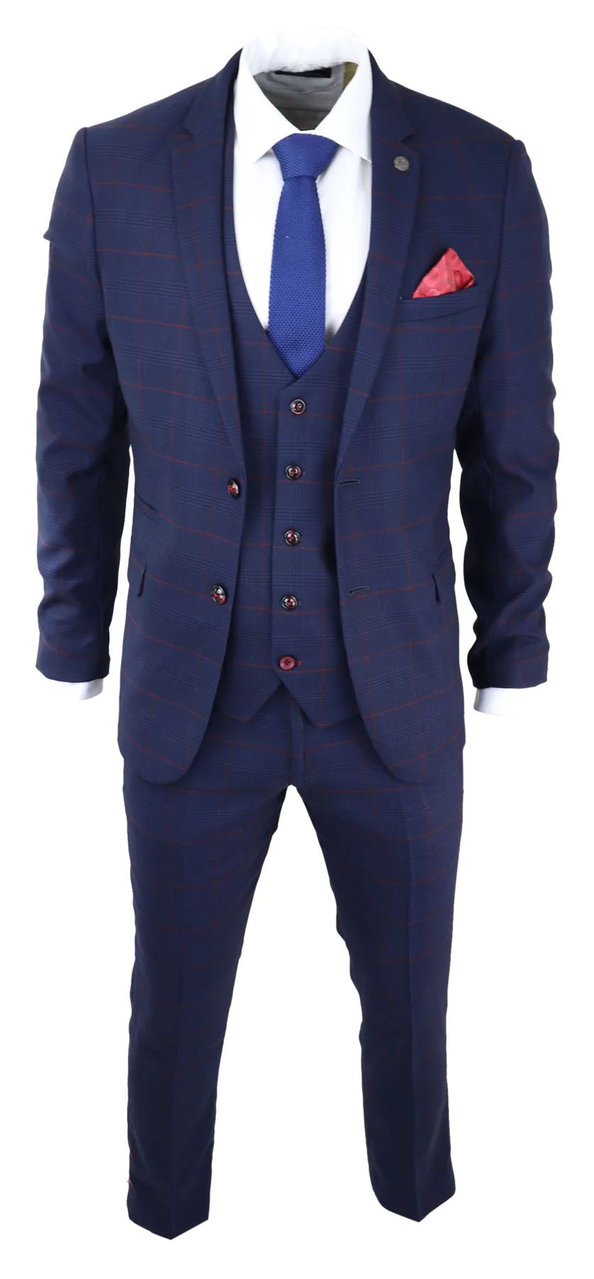 Terno masculino xadrez azul marinho de 3 peças vermelho Edinson Marc Darcy clássico vintage para casamento