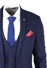 Terno masculino xadrez azul marinho de 3 peças vermelho Edinson Marc Darcy clássico vintage para casamento
