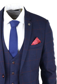 Terno masculino xadrez azul marinho de 3 peças vermelho Edinson Marc Darcy clássico vintage para casamento