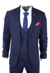 Terno masculino xadrez azul marinho de 3 peças vermelho Edinson Marc Darcy clássico vintage para casamento