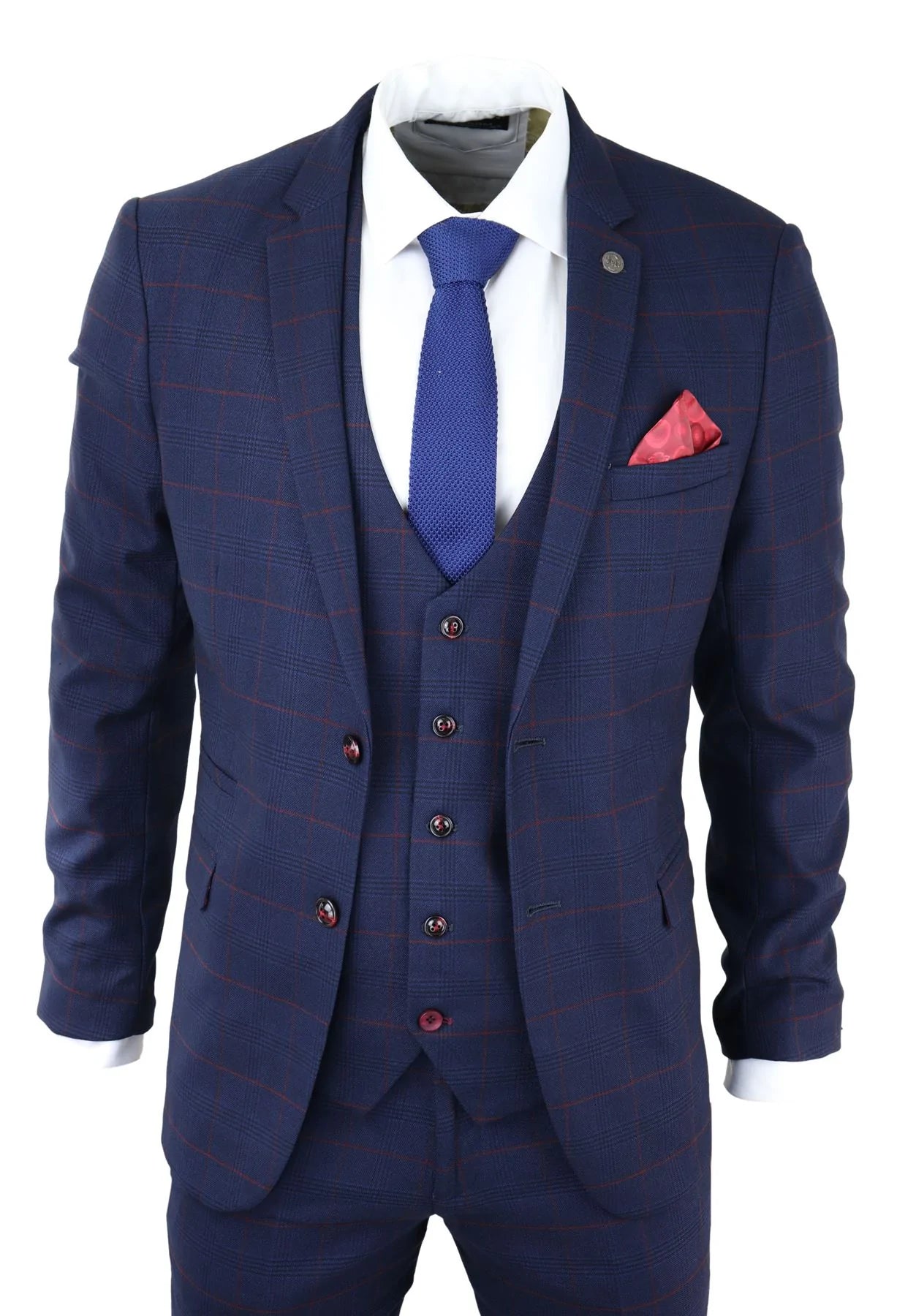 Terno masculino xadrez azul marinho de 3 peças vermelho Edinson Marc Darcy clássico vintage para casamento