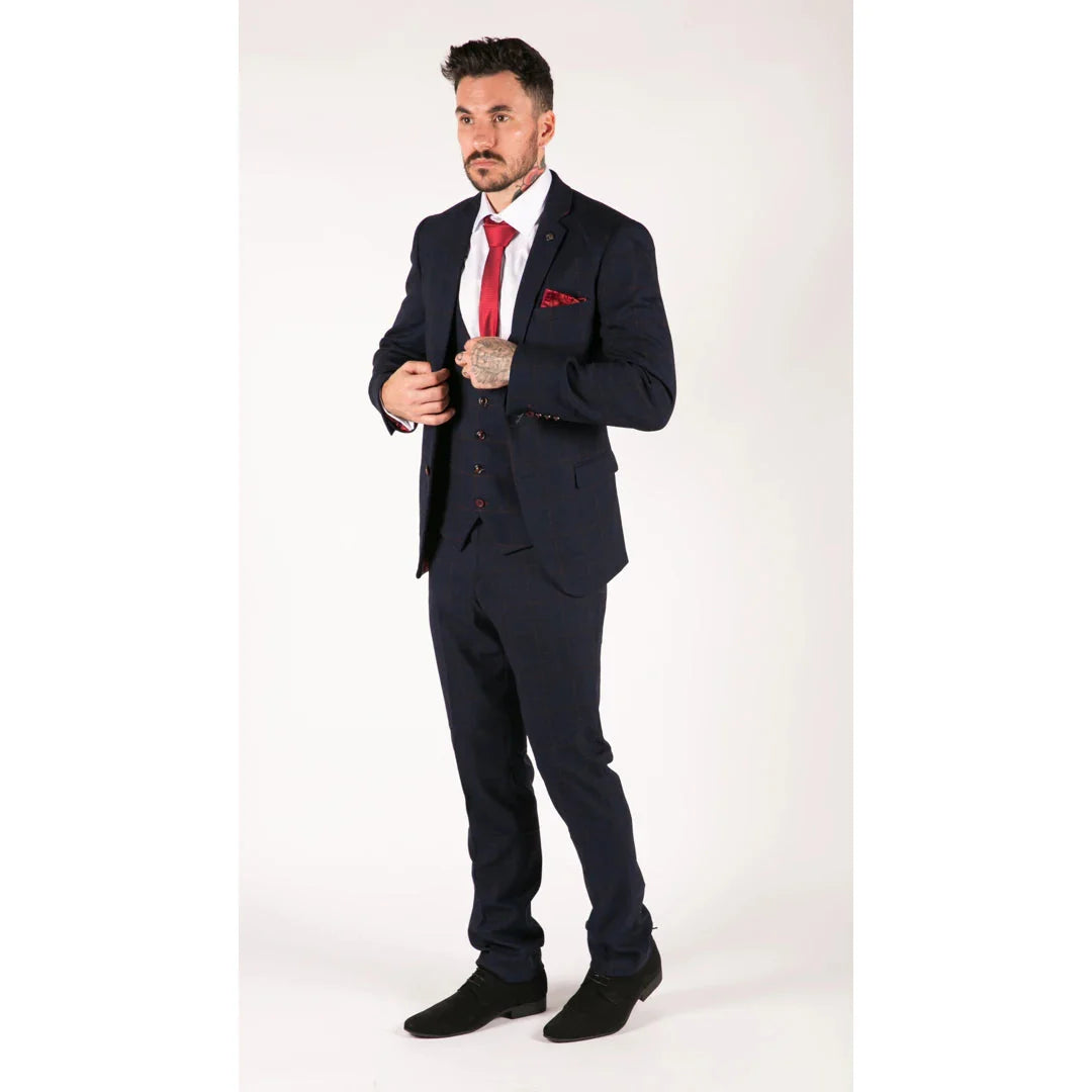 Terno masculino xadrez azul marinho de 3 peças vermelho Edinson Marc Darcy clássico vintage para casamento
