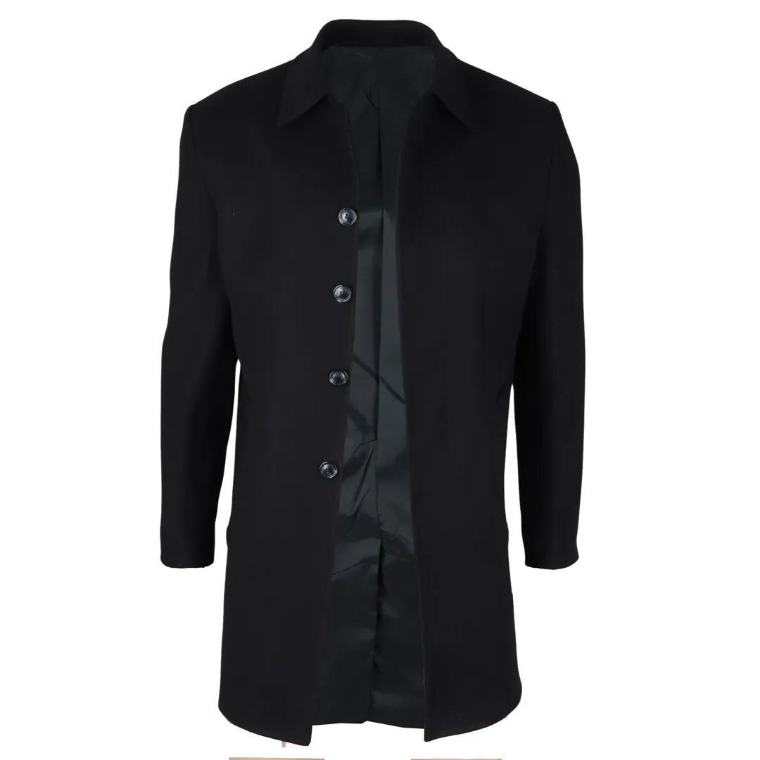 Sobretudo masculino clássico preto em lã mista com gola.