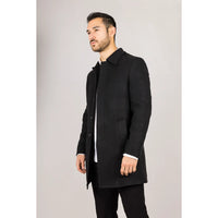 Sobretudo masculino clássico preto em lã mista com gola.