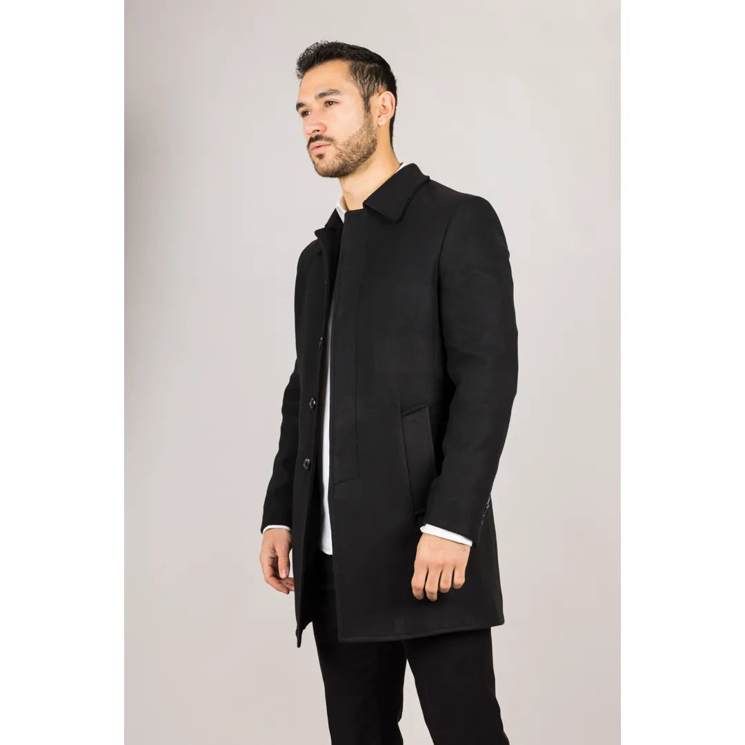 Sobretudo masculino clássico preto em lã mista com gola.