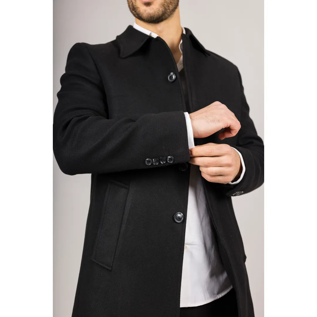 Sobretudo masculino clássico preto em lã mista com gola.