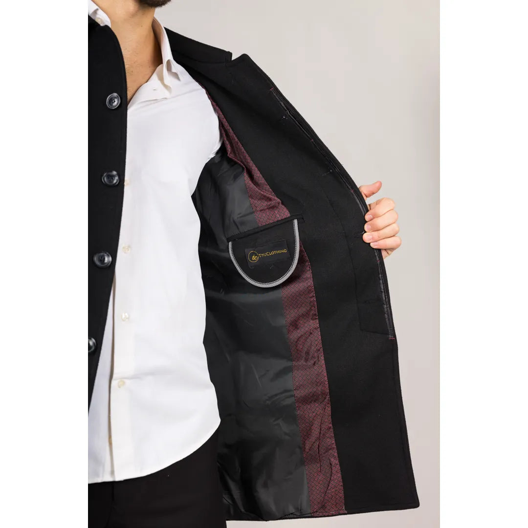 Sobretudo masculino clássico preto em lã mista com gola.