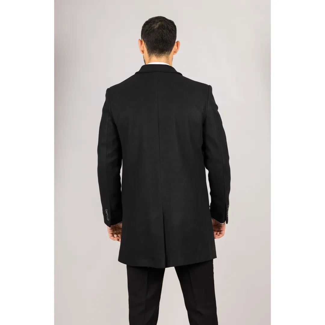Sobretudo masculino clássico preto em lã mista com gola.