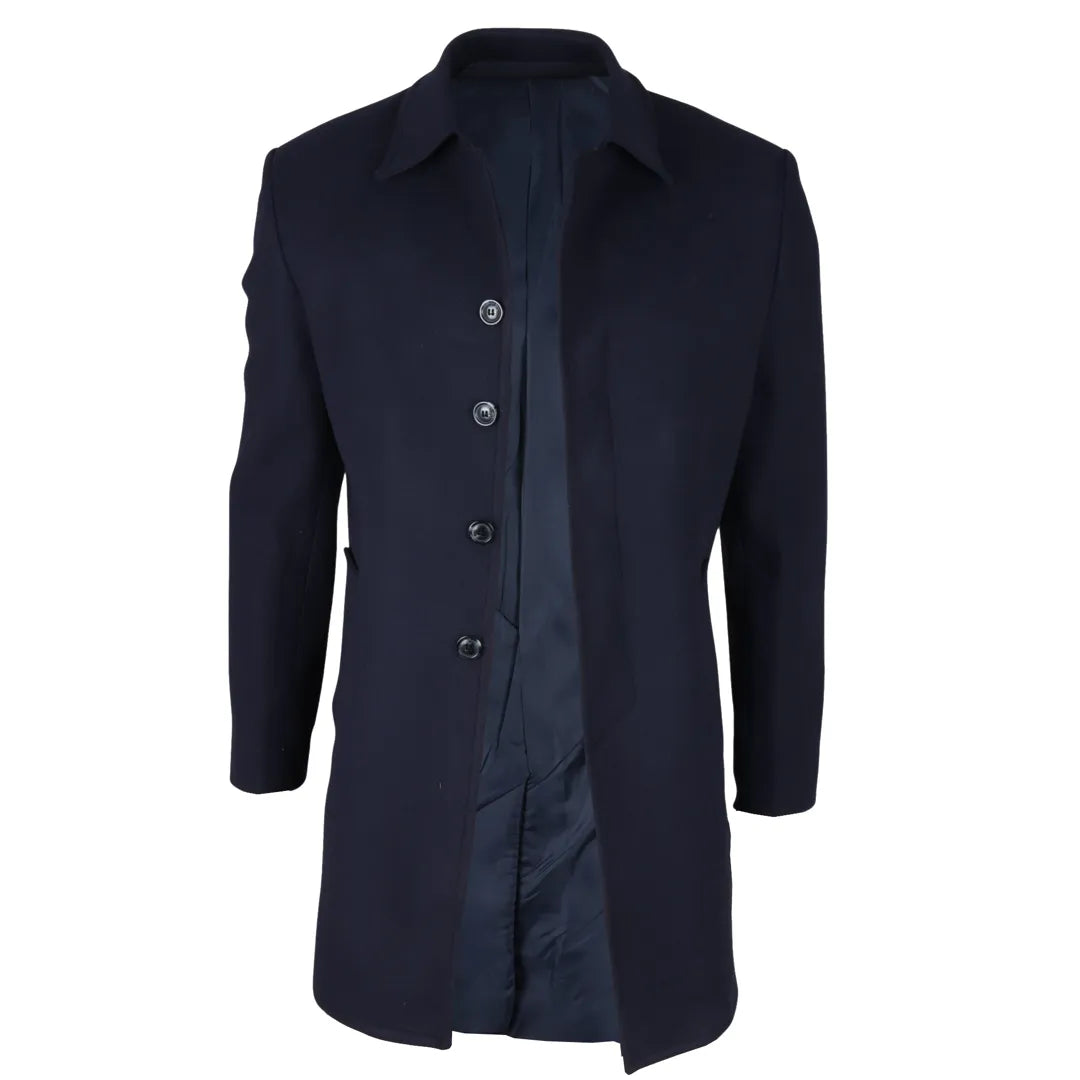 Sobretudo masculino clássico azul-marinho em lã mista com gola.