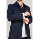 Sobretudo masculino clássico azul-marinho em lã mista com gola.