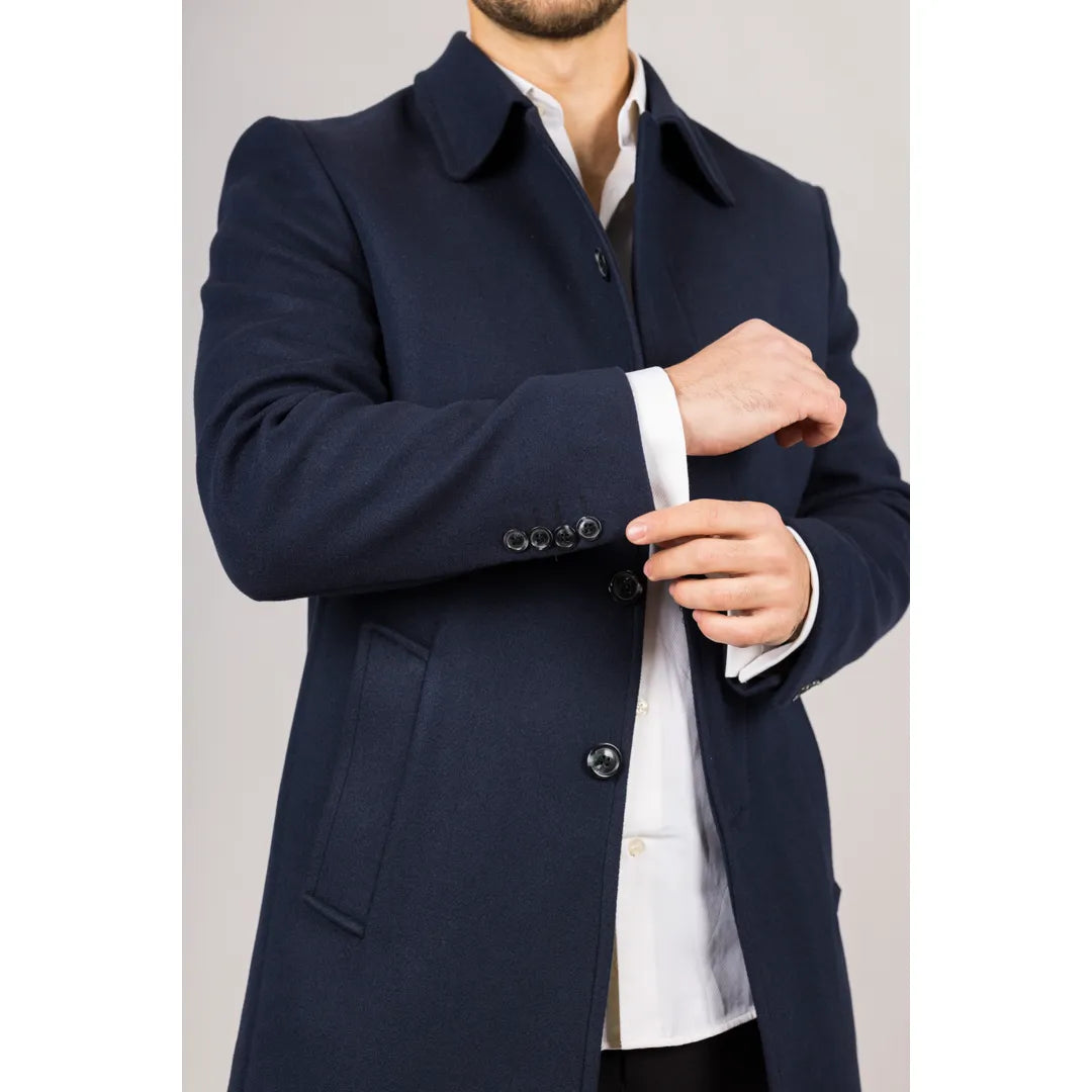Sobretudo masculino clássico azul-marinho em lã mista com gola.