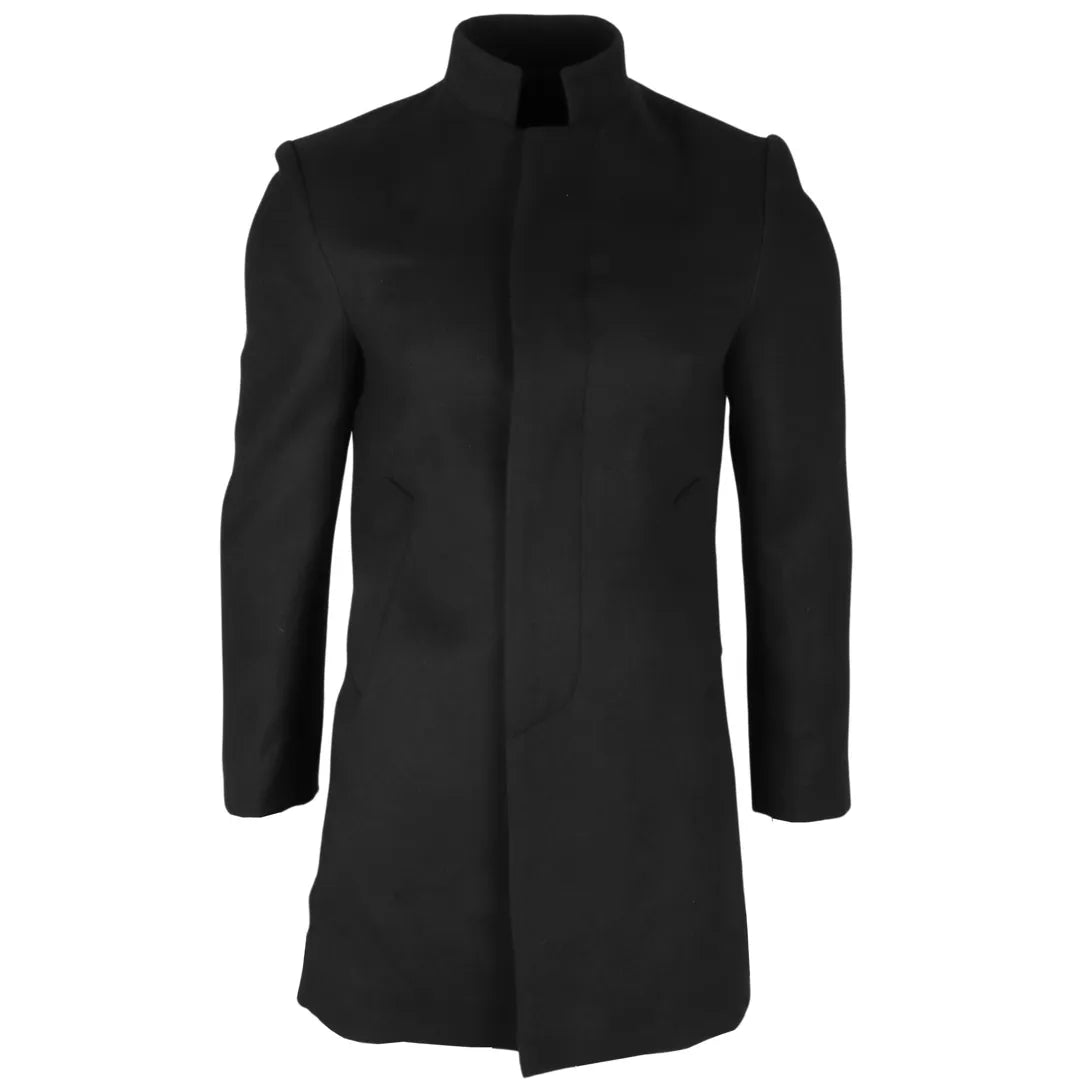Sobretudo masculino preto em lã mista com gola alta