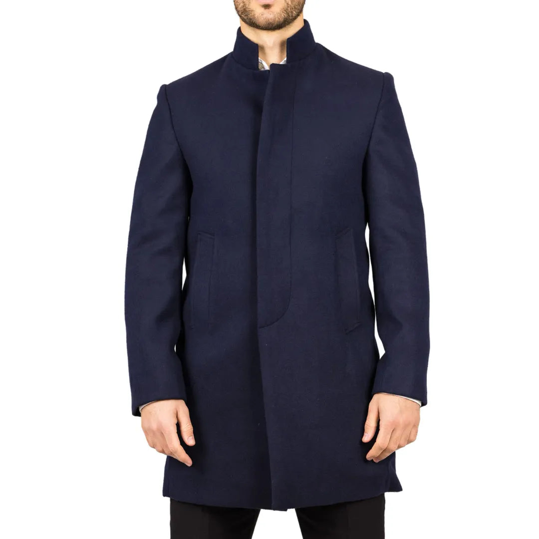 Sobretudo masculino azul-marinho em lã mista com gola alta