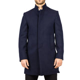 Sobretudo masculino azul-marinho em lã mista com gola alta