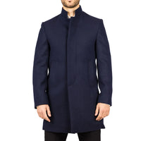 Sobretudo masculino azul-marinho em lã mista com gola alta