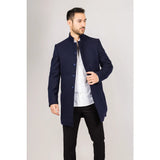 Sobretudo masculino azul-marinho em lã mista com gola alta