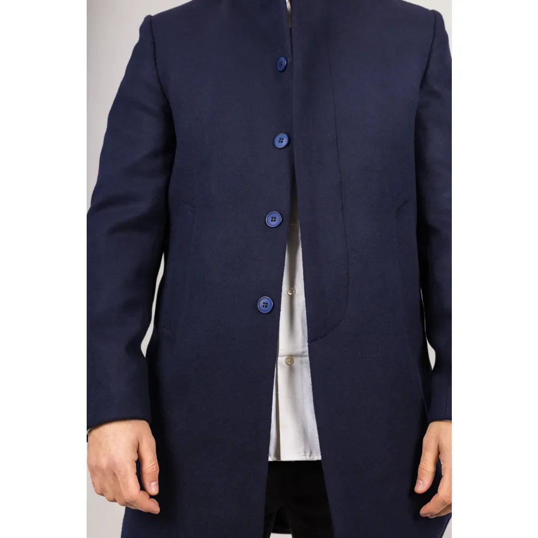 Sobretudo masculino azul-marinho em lã mista com gola alta