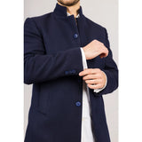 Sobretudo masculino azul-marinho em lã mista com gola alta