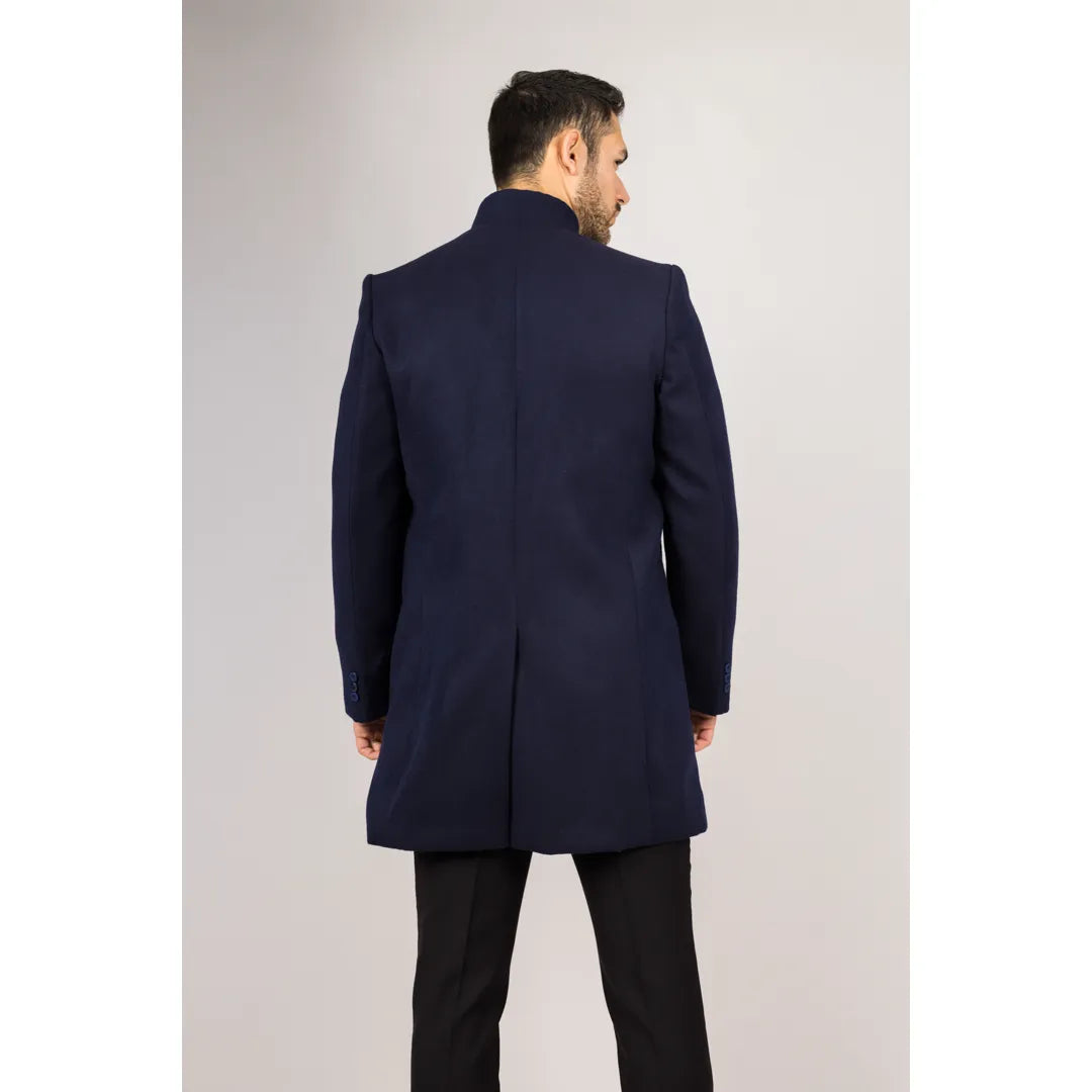 Sobretudo masculino azul-marinho em lã mista com gola alta