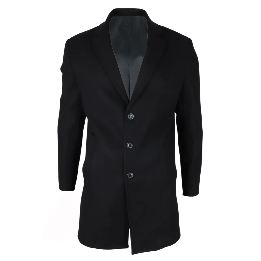 Sobretudo masculino preto em lã mista com lapela entalhada