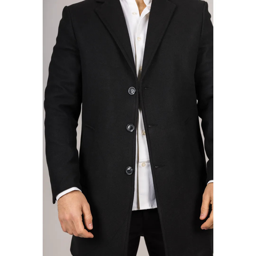 Sobretudo masculino preto em lã mista com lapela entalhada