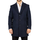 Sobretudo masculino azul-marinho em lã mista com gola lapela entalhada