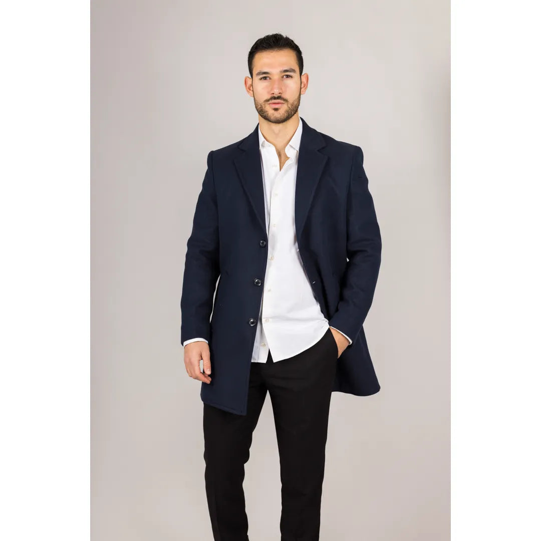 Sobretudo masculino azul-marinho em lã mista com gola lapela entalhada