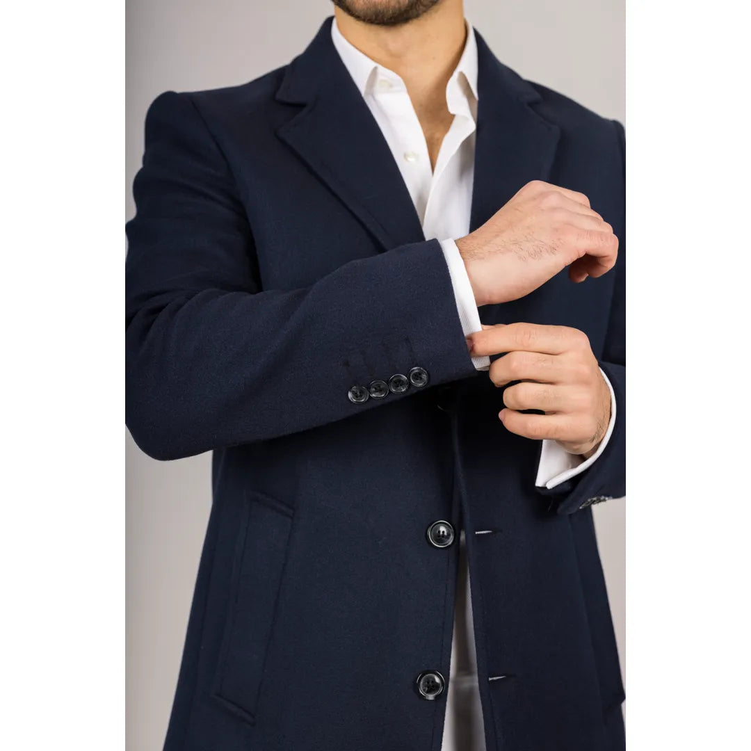 Sobretudo masculino azul-marinho em lã mista com gola lapela entalhada