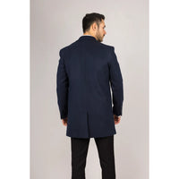 Sobretudo masculino azul-marinho em lã mista com gola lapela entalhada