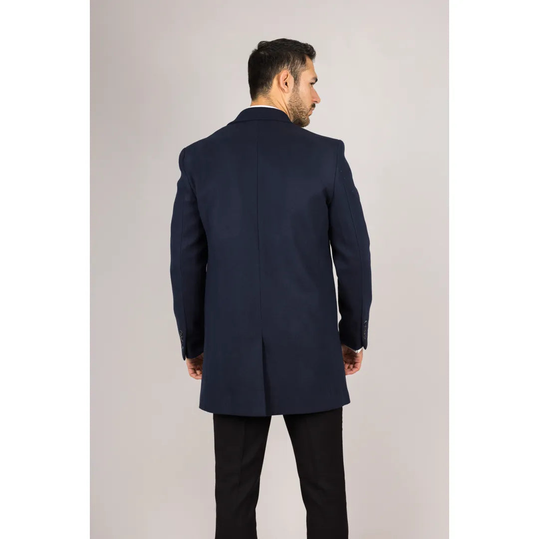 Sobretudo masculino azul-marinho em lã mista com gola lapela entalhada