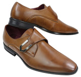 Sapatos masculinos de couro marrom claro e preto, com design italiano, fivela de metal e estilo slip-on.
