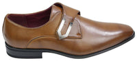 Sapatos masculinos de couro marrom claro e preto, com design italiano, fivela de metal e estilo slip-on.