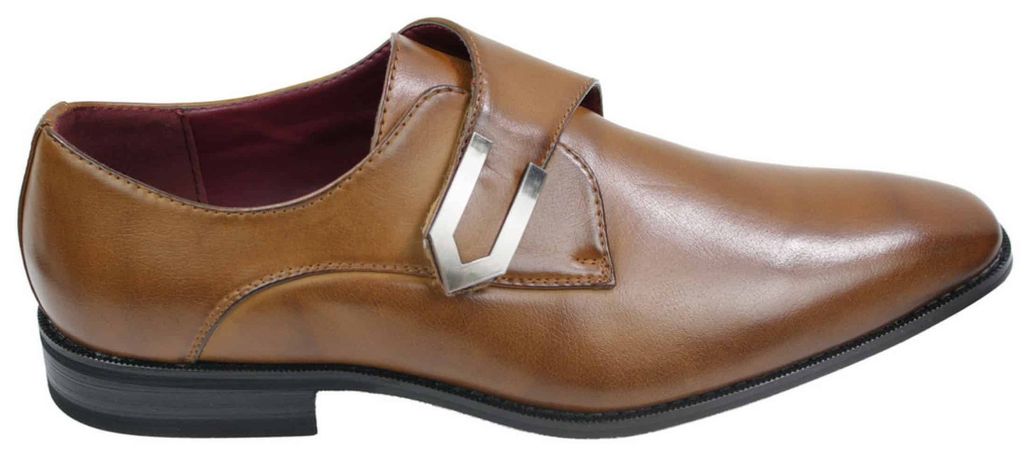Sapatos masculinos de couro marrom claro e preto, com design italiano, fivela de metal e estilo slip-on.