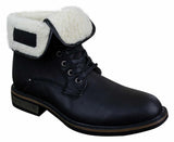 Botas militares masculinas de cano curto em couro preto e marrom com forro de lã e pele sintética.