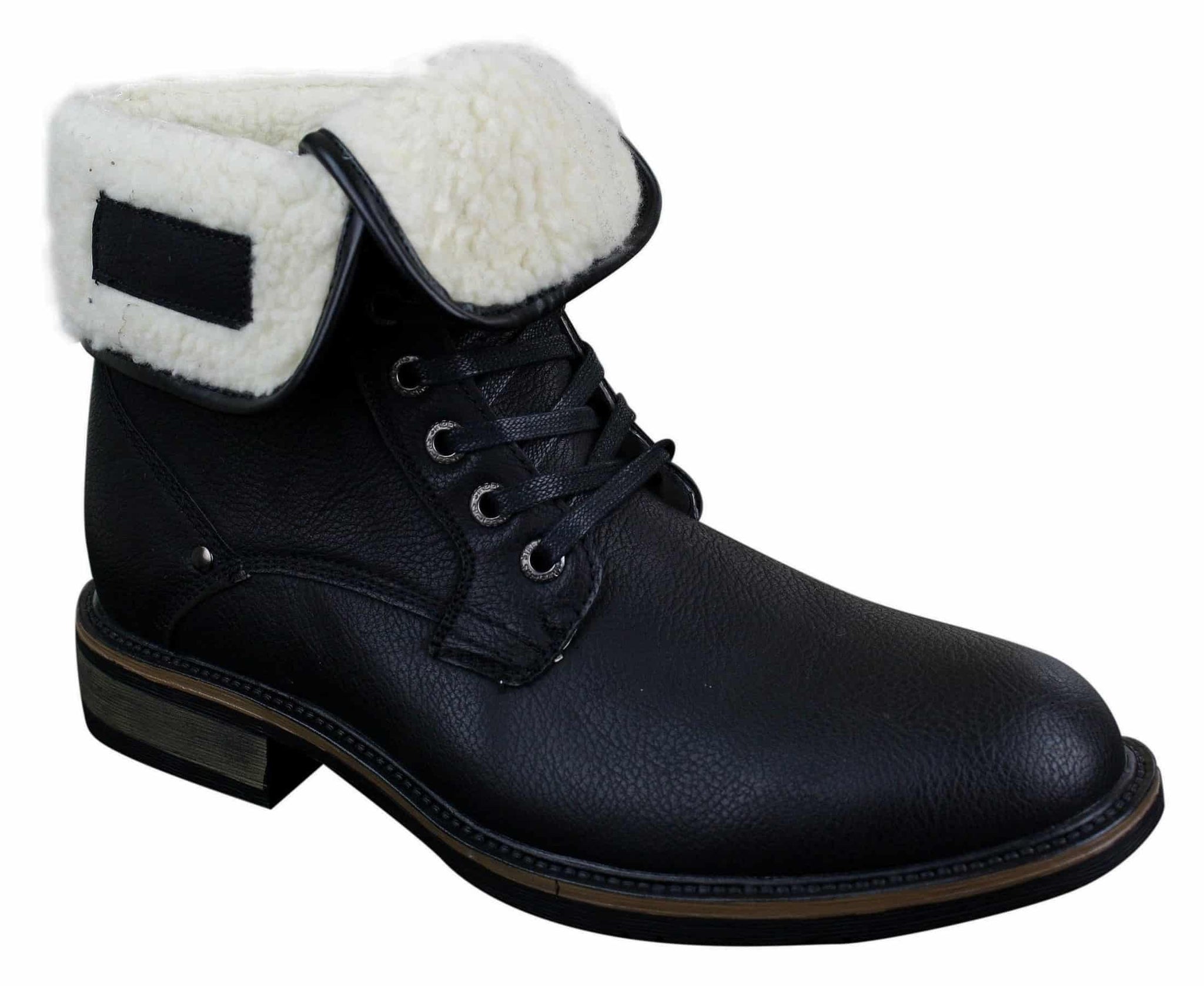 Botas militares masculinas de cano curto em couro preto e marrom com forro de lã e pele sintética.