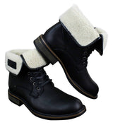 Botas militares masculinas de cano curto em couro preto e marrom com forro de lã e pele sintética.