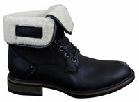 Botas militares masculinas de cano curto em couro preto e marrom com forro de lã e pele sintética.