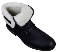 Botas militares masculinas de cano curto em couro preto e marrom com forro de lã e pele sintética.