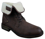 Botas militares masculinas de cano curto em couro preto e marrom com forro de lã e pele sintética.