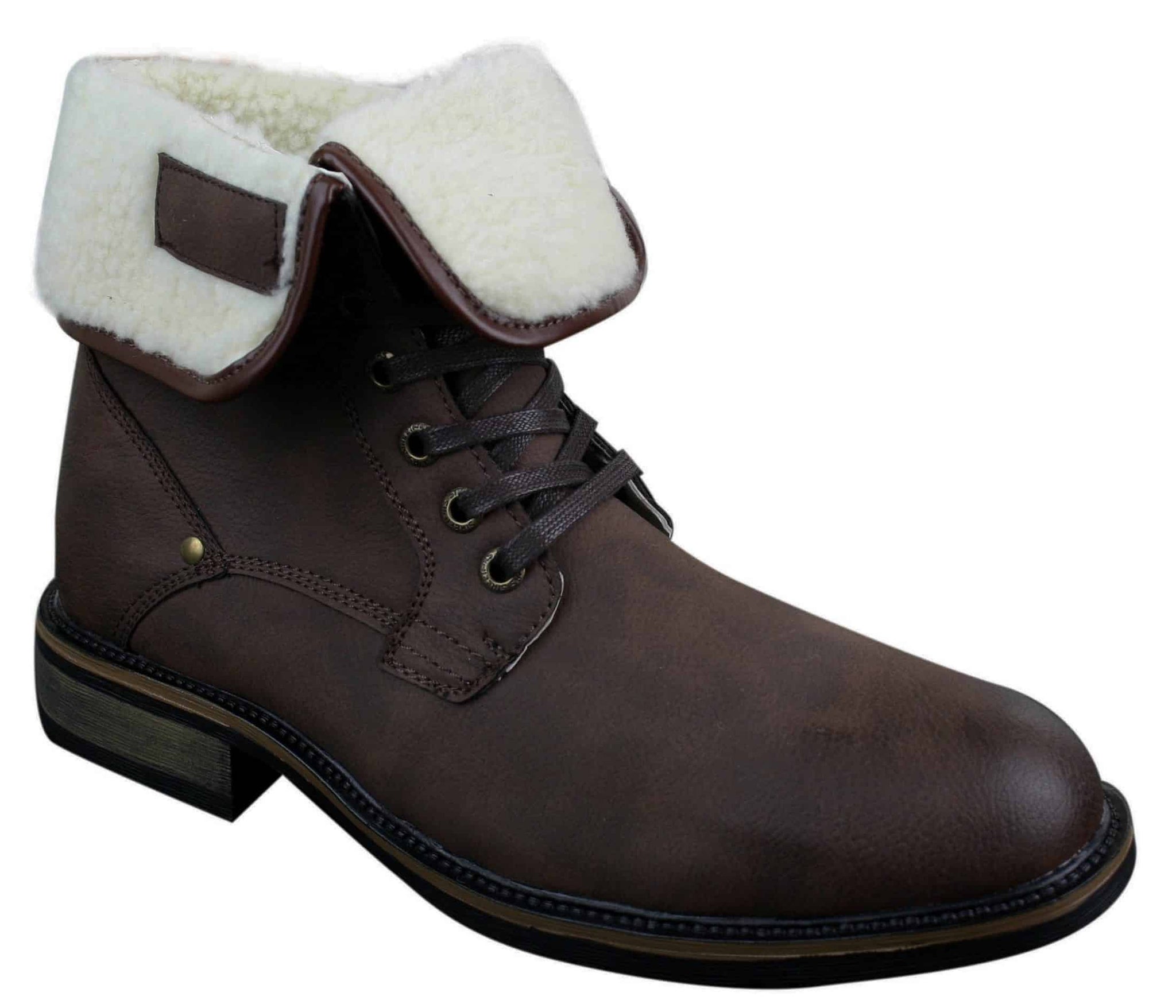 Botas militares masculinas de cano curto em couro preto e marrom com forro de lã e pele sintética.