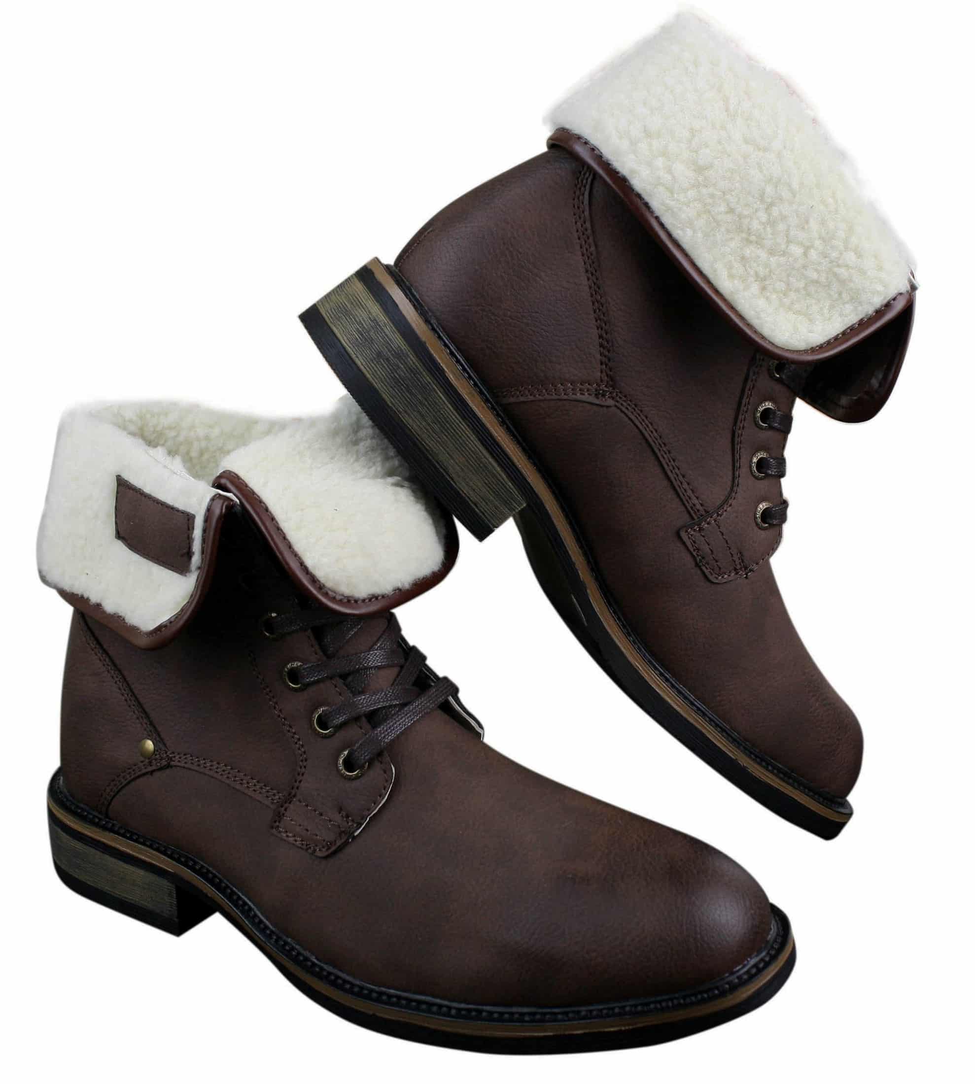 Botas militares masculinas de cano curto em couro preto e marrom com forro de lã e pele sintética.