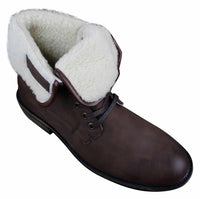 Botas militares masculinas de cano curto em couro preto e marrom com forro de lã e pele sintética.